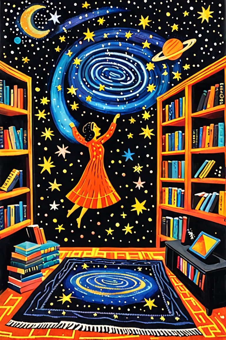 A vibrant and imaginative scene set within a room. On the left, there's a wooden bookshelf filled with colorful books. The central focus is a figure, possibly a woman, in a bright orange dress, dancing or floating amidst a cosmic backdrop. This backdrop is filled with swirling galaxies, stars, planets, and a few other celestial elements. On the right, there's a computer monitor displaying a starry night sky. The floor is adorned with a colorful rug, and the walls are painted in a deep black, contrasting with the bright and lively elements in the room.