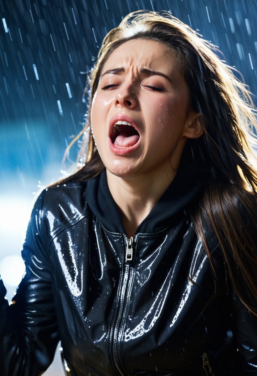 A woman with long hair and a black jacket crying and screaming in the rain. The rain is falling from the sky and illuminated by a bright light. The background is dark and blurred. The woman's expression is one of distress and pain, best quality