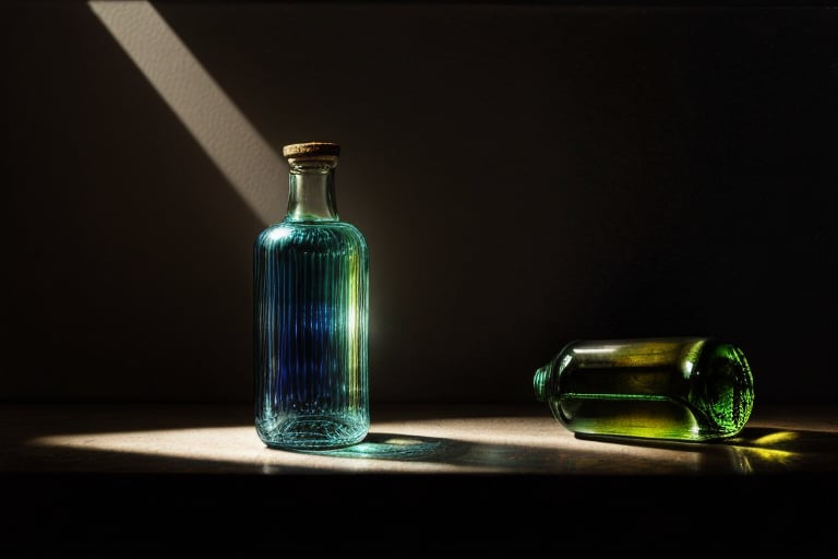 surreal painting featuring a bottle on the table, intricate, highly detailed glass bottle lying on a stand, moody lighting, complex textures, organic forms intertwined with mechanical elements