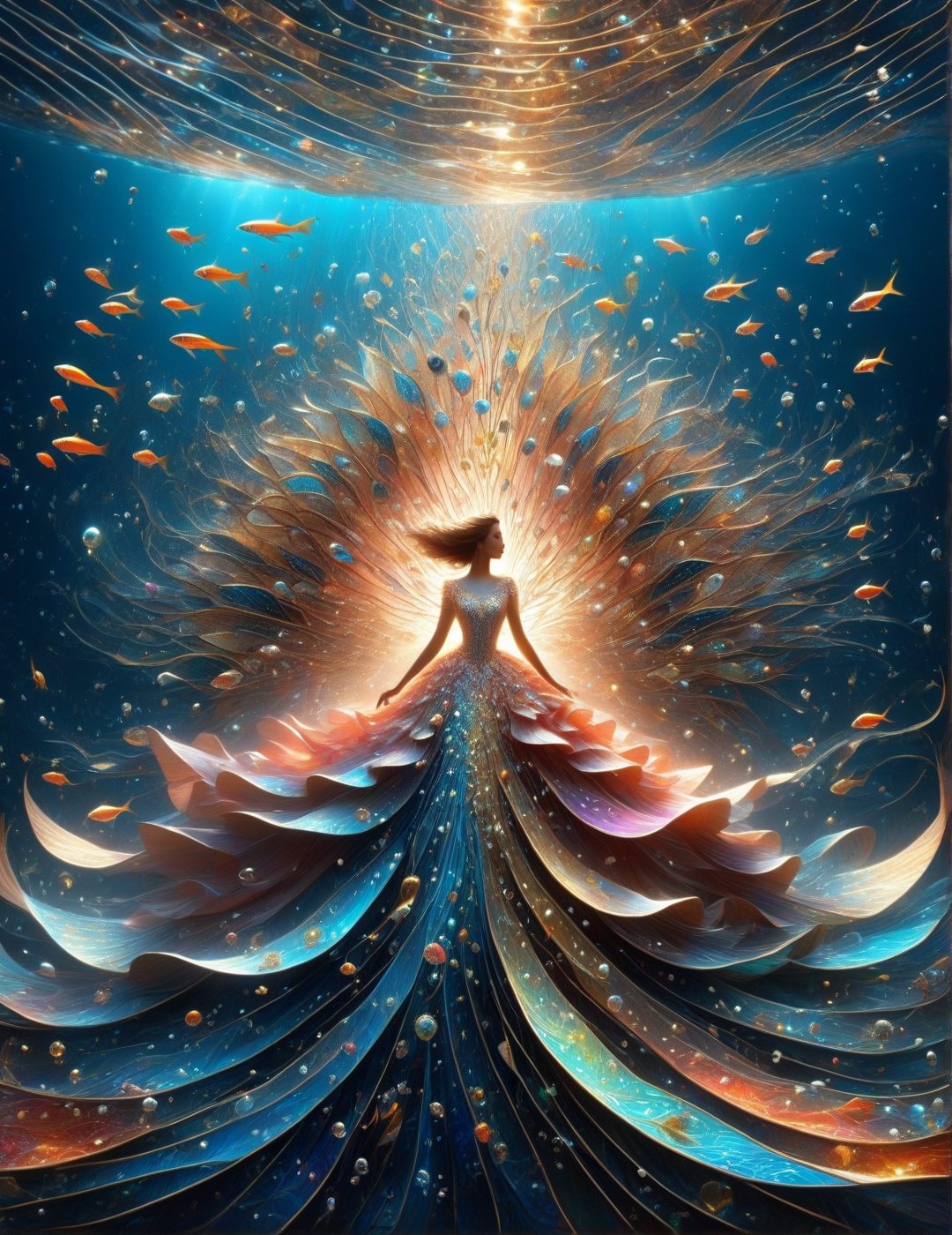 symphony, beautiful female enjoying music, playing with an exotic fish, ((Vibrant depictions of sound wawes)) waves forming music notes, colorful marine creatures, water bubbles, symphony, sweet expression, symphony of waves, sea melodies, surrounded  by waves forming intricate sonic patterns, wide angle, vivid colors, 8k, inspired by Michael Cheval, beautiful eyes, perfect hands, beautiful face + symmetrical face,  highly detailed, intricate complexity, juxtaposing, epic composition, magical atmosphere + masterpiece, perfect hands+five fingers hands, (intricate detail), (super detailed), 8k hdr, high detailed, soft cinematic lighting, atmospheric perspective,ray tracing, underwater world background,ray tracing, perfec teyes, 8K, Film Poster, Her iridescent scales shimmer with a pearlescent glow, perfecteyes, absurdity, Magical Fantasy style,d1p5comp_style