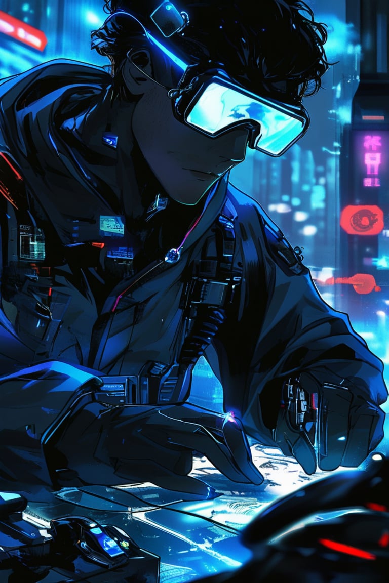 A high-tech police investigator at a crime scene in a futuristic city. They use advanced forensic tools and augmented reality glasses to gather evidence and reconstruct events. The investigator's cybernetic eye scans for hidden clues. 
Comic,manga,dark theme,concept art,Expressiveh