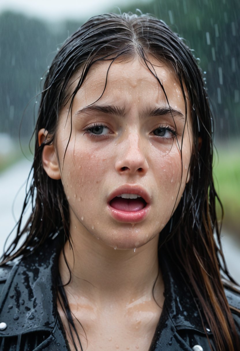 (one-1-person:1.2), beautiful latin lady, 19 yo. freckles, sad mood, dark makeup, hyperdetailed photography, soft light, head and shoulders portrait, cover, A girl with long hair and a black jacket crying and screaming in the rain, tears falling from her eyes, ((dressed in old and dirty inner linen)), The rain is falling from the sky. The background is dark and blurred. The woman's expression is one of distress and pain, best quality, wet hair, at night, soaked in the rain, raining, wet body, wet face, wet hair, wet clothes.