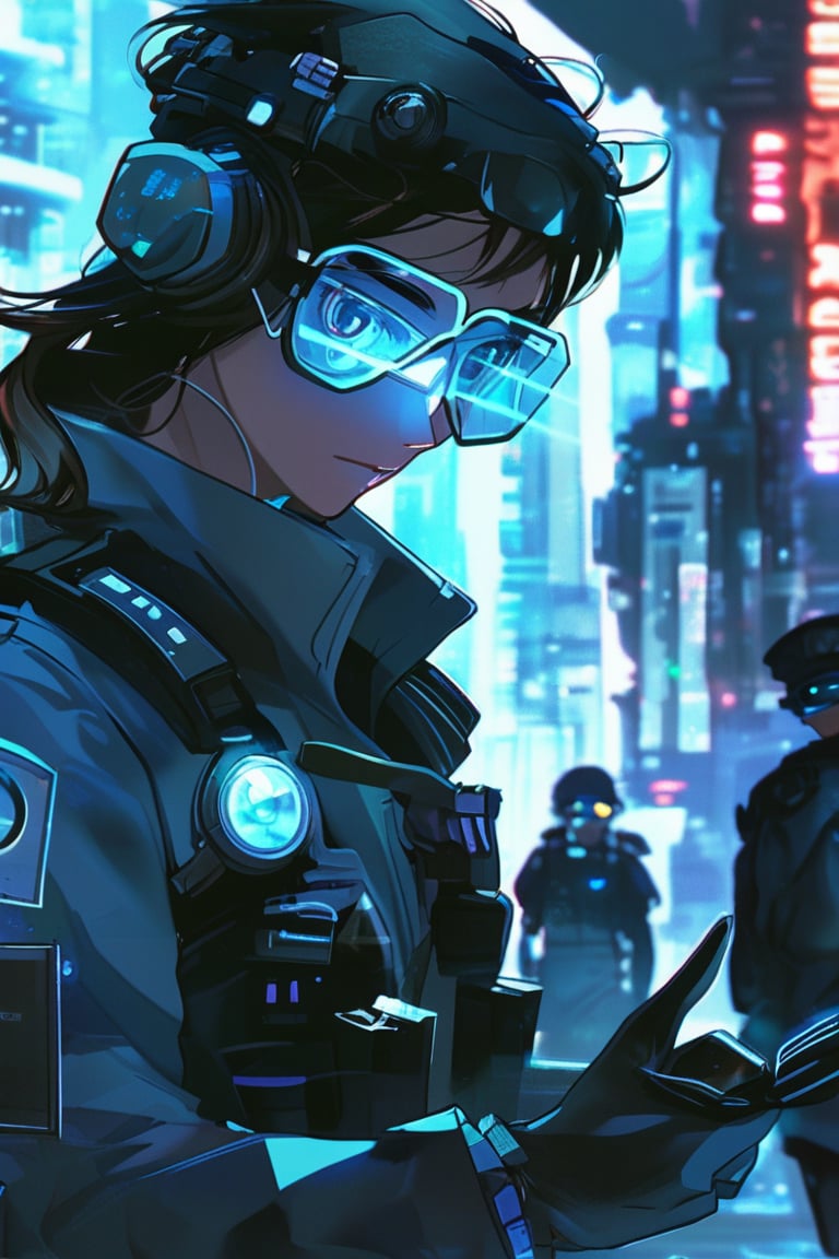 A high-tech police investigator at a crime scene in a futuristic city. They use advanced forensic tools and augmented reality glasses to gather evidence and reconstruct events. The investigator's cybernetic eye scans for hidden clues. Anime style