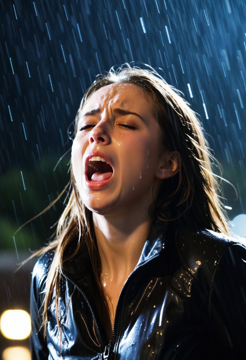 A woman with long hair and a black jacket crying and screaming in the rain. The rain is falling from the sky and illuminated by a bright light. The background is dark and blurred. The woman's expression is one of distress and pain, best quality