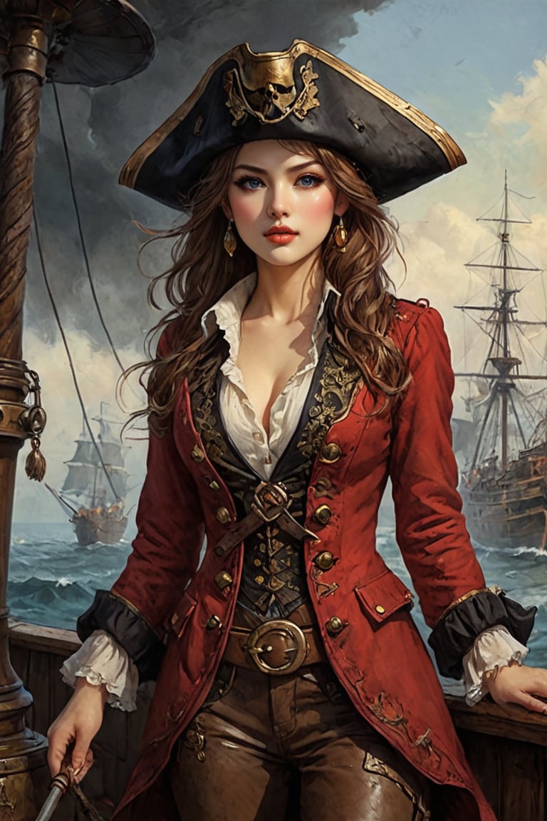 Oil painting of a very beautiful pirate captain  manga girl, perfect detailed eyes, perfect detailed nose, perfect detailed lips. She wears a red and black velvet long jacket with golden buttons, shirt adorned with lace, brown leather trousers, Intricately detailed accessories and pirate hat. She is on the deck of her ship and cheers her crew on to fight during the battle. Dynamic pose. Masterpiece, vibrant colors, eerie detail perfection, absurdres detail, realistic illustration, extremely detailed, intricately sharp details, sharp focus, chaotic (ships battle scenario:1.3), ships on background 