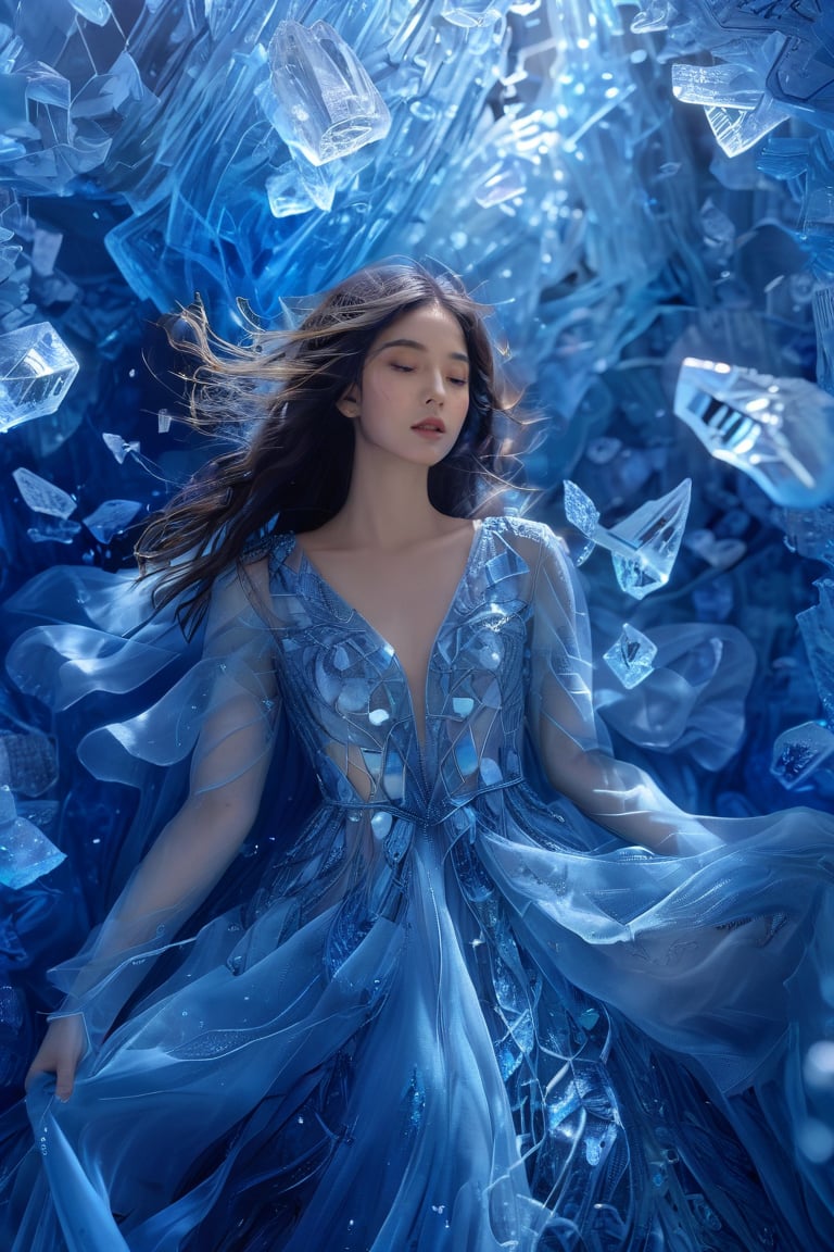 A woman surrounded by shattered blue crystals, floating amidst a vibrant blue backdrop. She wears a sparkling blue dress adorned with intricate patterns, and her long, wavy hair flows freely around her. The crystals appear to be suspended in mid-air, creating an ethereal and dreamy atmosphere.,xxmixgirl