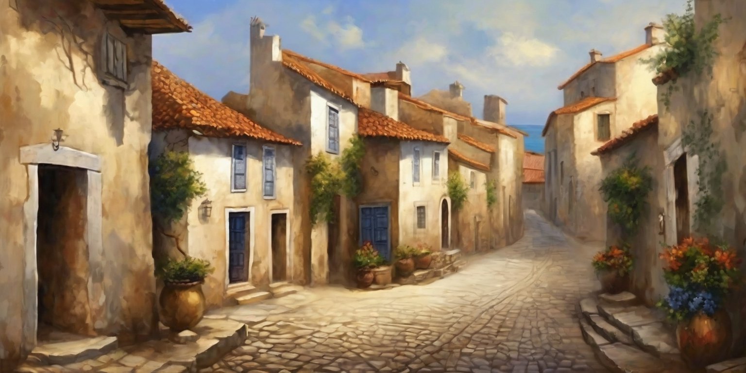 oil painting style of old portuary village and streets, 18th century style, shipts at the background