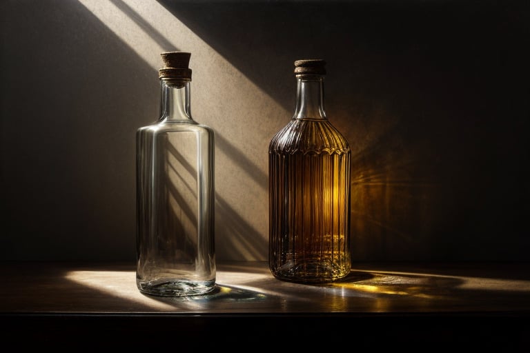 surreal painting featuring a bottle on the table, intricate, highly detailed glass bottle on a stand, moody lighting, complex textures, organic forms intertwined with mechanical elements