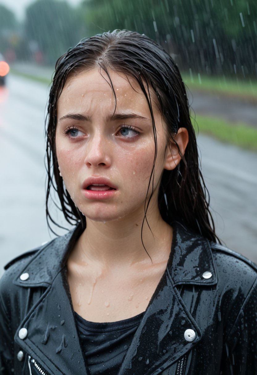 (one-1-person:1.2), beautiful latin lady, 19 yo. freckles, sad mood, dark makeup, hyperdetailed photography, soft light, head and shoulders portrait, cover, A girl with long hair and a black jacket crying and screaming in the rain, tears falling from her eyes, ((dressed in old and dirty inner linen)), The rain is falling from the sky. The background is dark and blurred. The woman's expression is one of distress and pain, best quality, wet hair, at night, soaked in the rain, raining, wet body, wet face, wet hair, wet clothes.