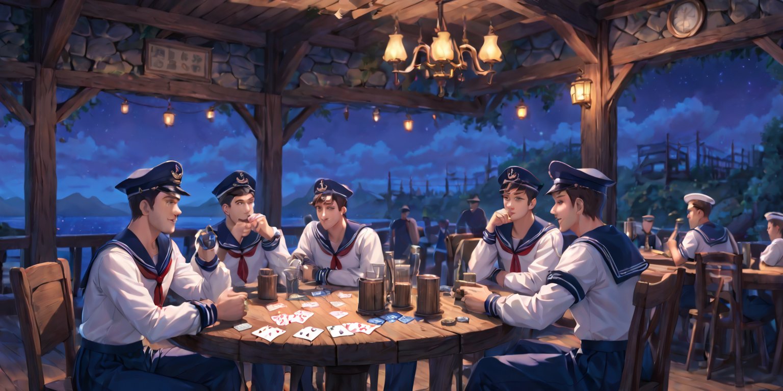 illustration of a pocker game, tavern 19th century style, small tables at the background, boys,  sailors blue and white stripes ,sailors uniform, drinking and playing cards, illustration, boys ,scenery, night fall