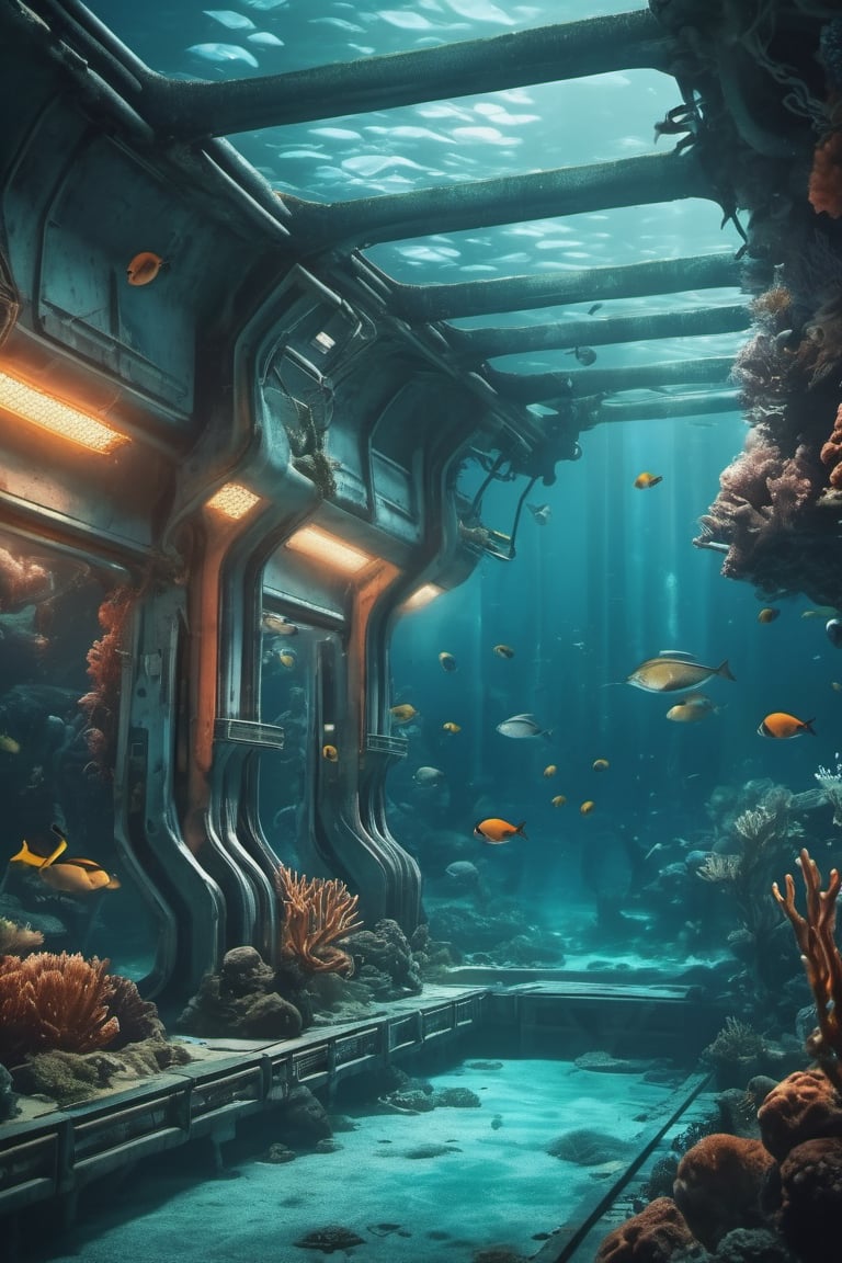 ((a mysterious underwater futuristic sci-fi station)), from a sci-fi movie, around the base there is underwater life and coral plants, (in the distance a underwater machine), ultra detailed photography, photo realistic, cinematic shot, cinematic tones, (underwater wildlife:1.1), gloomy scene, dramatic lights, dramatic film, ((dark and dramatic scene)), volumetric light, (teal orange color graded:1.2), poor lighting, very detailed image, fine details, 4k film, underwater space station