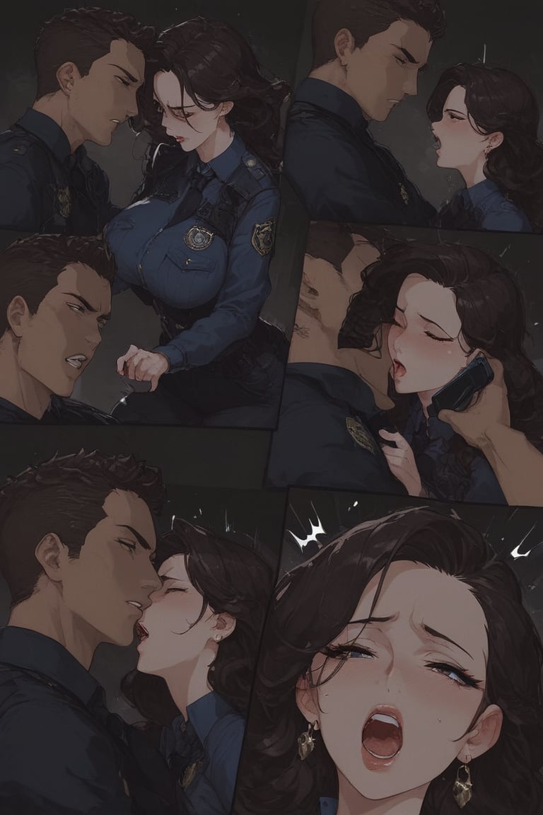  woman, dark brown hair, police investigator at a crime scene to gather evidence and reconstruct events, moaning, , talking on the phone, serious mood, The investigator looks for hidden clues. dark street, police car at the back, confidentdark street,comic,manga,dark theme,concept art,Expressiveh