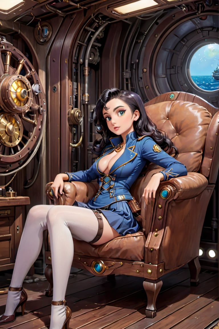 image of  captivating scene featuring by Captain Nemo sitting in an armchair in his cabin on the Nautiluss, semi side view,  gray eyes, (((full body))), Steampunk., illustration in Alex Raymond stile,)) ((full body view.)) (( Action pose)) (Masterpiece, Best quality), (finely detailed eyes), (finely detailed eyes and detailed face), (Extremely detailed CG, intricate detailed, Best shadow), conceptual illustration, (illustration), (extremely fine and detailed), (Perfect details), (Depth of field), in a spaceship,disney pixar style