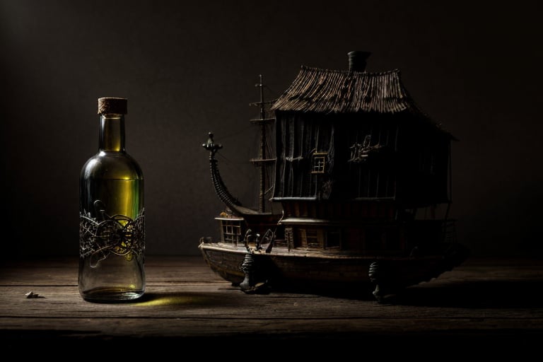 surreal painting featuring a bottle on the table, intricate, highly detailed glass bottle lying on a stand,
inside this bottle a ghost pirate ship with pirates flag, its hull decayed and weather-beaten, stranded on a dark, rocky coastline, casting the scene in an ominous light, the rough texture of the dry brush style adds to fantastical, dark, gothic, symbolic, disturbing, intricate, highly detailed glass bottle on a stand, moody lighting, complex textures, organic forms intertwined with mechanical elements
Close up view