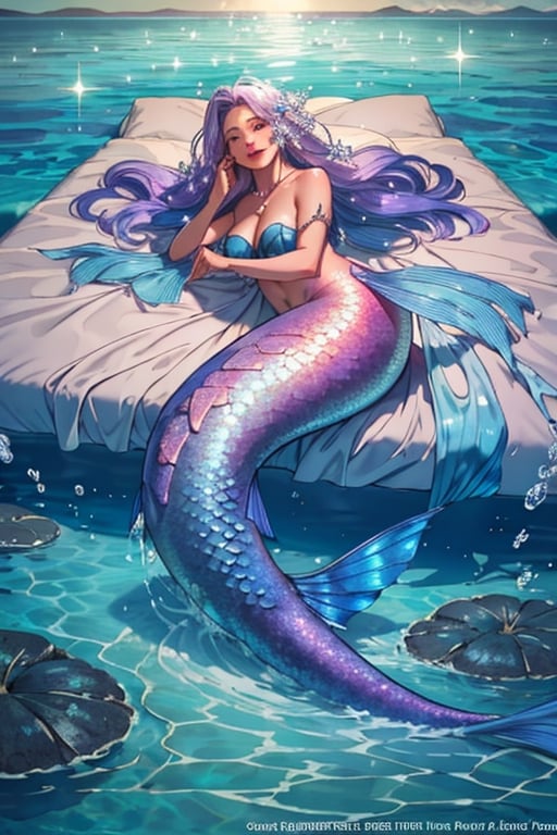 A majestic underwater scene: a lone mermaid, glistening scales shimmering in the soft glow of sunlight filtering through the ocean's surface. She sits serenely on a bed of seaweed, her flowing locks undulating with the currents. Her tail sparkles like diamonds as she gazes out at the viewer, radiating an aura of mystique and allure.