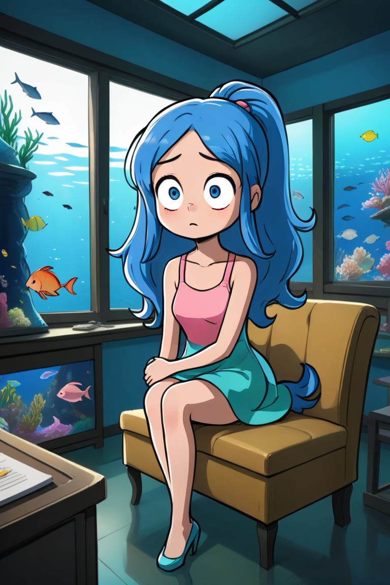 a blue twintail girl in pink dress is sitting on the sofa while a messy desk in under a big window on the left, while a lively aquarium is on the top right of the soga, ultra realistic style


,SFW,cartoon ,cheap cartoon