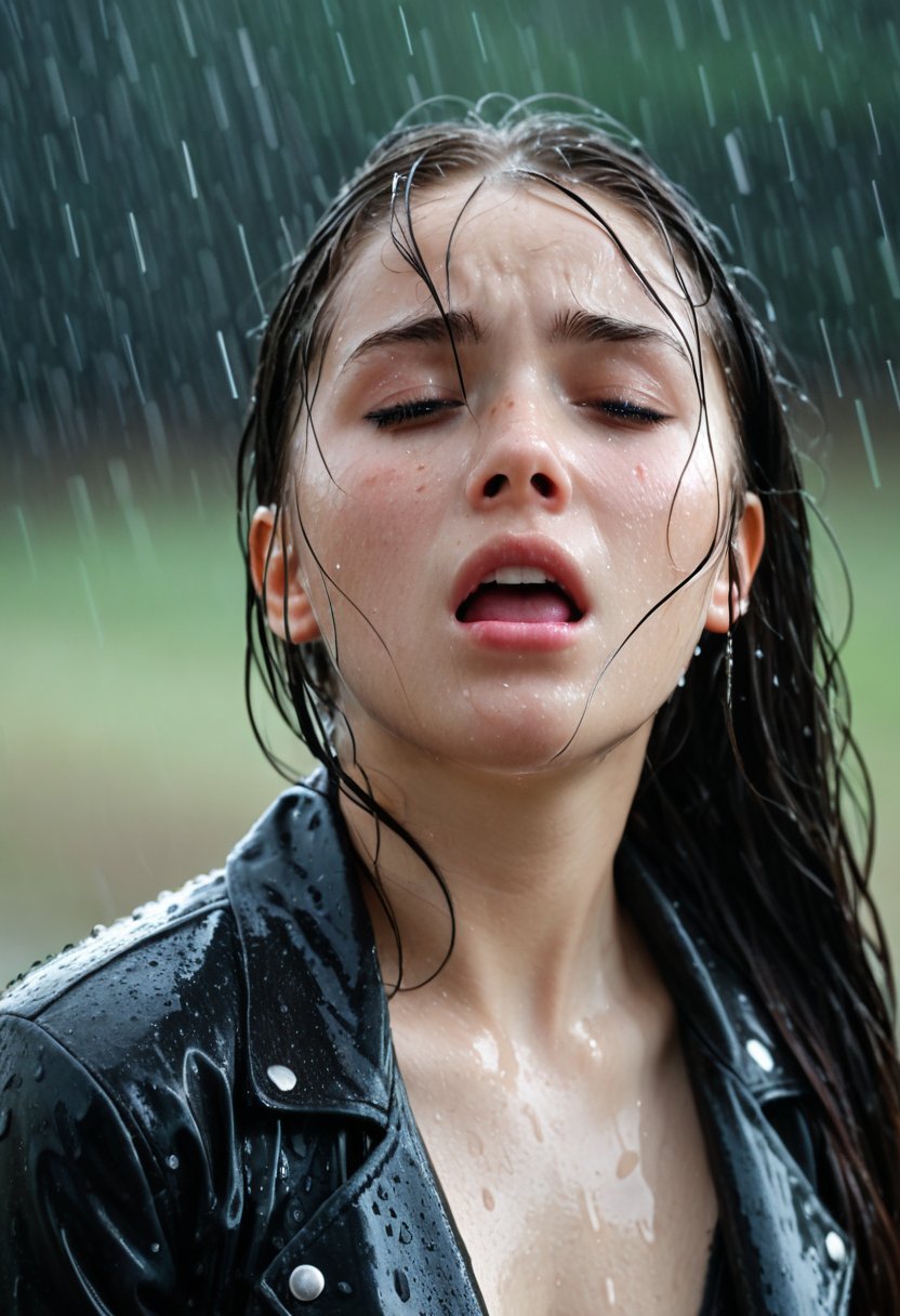 (one-1-person:1.2), beautiful latin lady, 19 yo. freckles, sad mood, dark makeup, hyperdetailed photography, soft light, head and shoulders portrait, cover, A girl with long hair and a black jacket crying and screaming in the rain, tears falling from her eyes, ((dressed in old and dirty inner linen)), The rain is falling from the sky. The background is dark and blurred. The woman's expression is one of distress and pain, best quality, wet hair, at night, soaked in the rain, raining, wet body, wet face, wet hair, wet clothes.