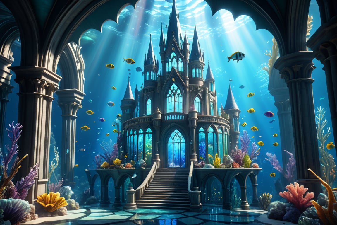 4d spring-theme videogame landscape, ((Cristal Palace at the botton of the ocean, made out of stained glass crystal transparent, fantasy art, Atlantida (underwater city), scenery, there re fish in the ocean and reefs, amazing wallpaper, 4k high res, very beautiful photo, underwater city make out of glass, magical colors and atmosphere, epic artwork, bloom. high fantasy)), (Game Cinematic Feel, Epic Graphics, Intricately Detailed, 8K Resolution, Dynamic Lighting, Unreal Engine 5, CryEngine, Trending on ArtStation, HDR, 3D Masterpiece, Unity Render, Perfect Composition:0.8)