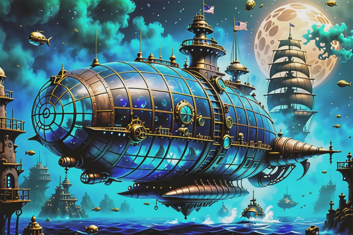 The Nautilus frigate spacecraft, Steampunk,  Style, underwater, game, the underwater city base is visible through a blue haze