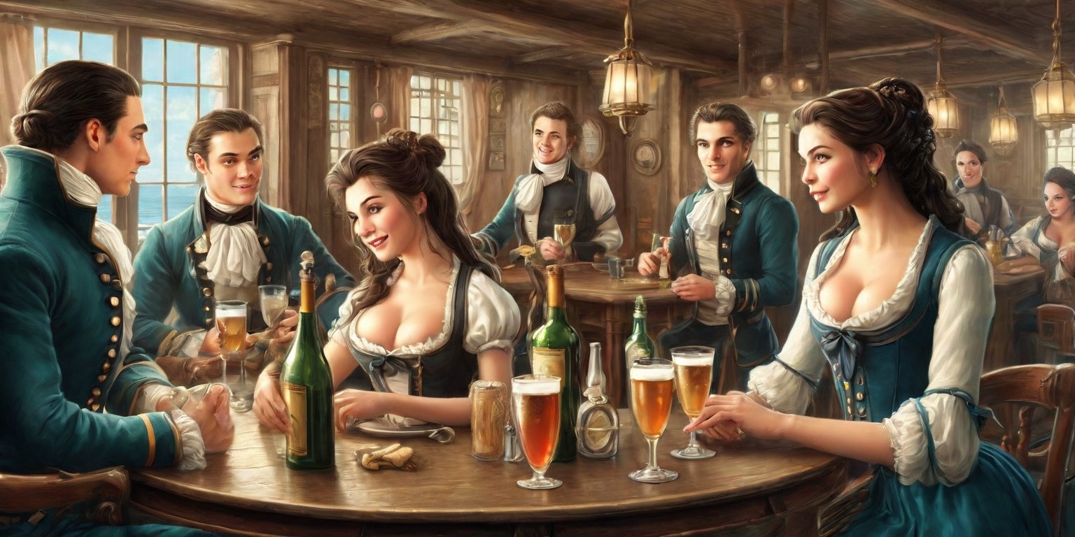 Image of a tavern, 18th century style, small tables at the background, illustration, sailors drinking , sexy girls passing by, pretty faces