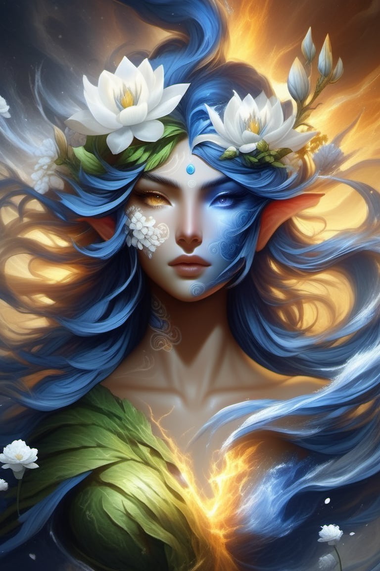 the four elements deity, female, intricate detail, maximalist scary beautiful watercolour, earth air water, deity of the four elements, white flowers, blue lotus, cold colours, head and shoulders portrait, 8k resolution concept art portrait by Greg Rutkowski, Artgerm, WLOP, Alphonse Mucha dynamic lighting hyperdetailed intricately detailed Splash art trending on Artstation triadic colors Unreal Engine 5 volumetric lighting
