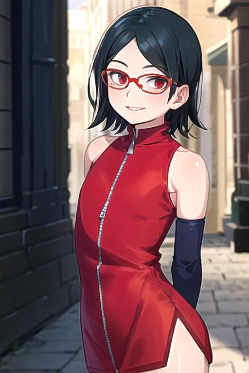 masterpiece, best quality, (solo:1.3),, (arms behind back:1.1),1girl, solo,tiny_breasts,
 glasses,red_eyes, bare shoulders, open jacket,zip  red dress,black cowboy shot,ruin, light smile ,looking at viewer,elbow_gloves,Saradauchiha,short_hair