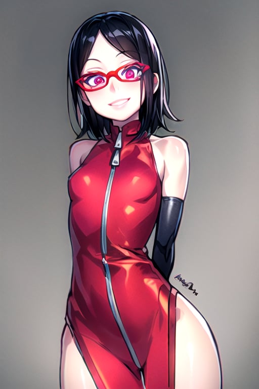 masterpiece, best quality, (solo:1.3),, (arms behind back:1.1),1girl, solo,tiny_breasts,
 glasses,red_eyes, bare shoulders, open jacket,zip  red dress,black cowboy shot,ruin, light smile ,looking at viewer,elbow_gloves,Saradauchiha,short_hair