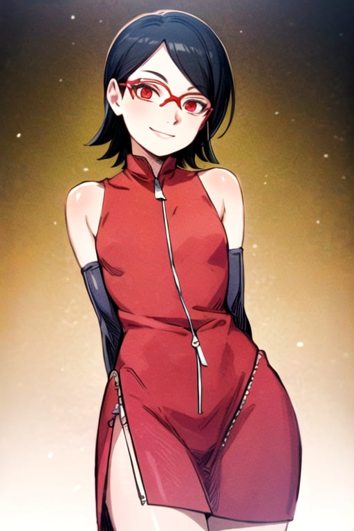 masterpiece, best quality, (solo:1.3),, (arms behind back:1.1),1girl, solo,tiny_breasts,
 glasses,red_eyes, bare shoulders, open jacket,zip  red dress,black cowboy shot,ruin, light smile ,looking at viewer,elbow_gloves,Saradauchiha,short_hair