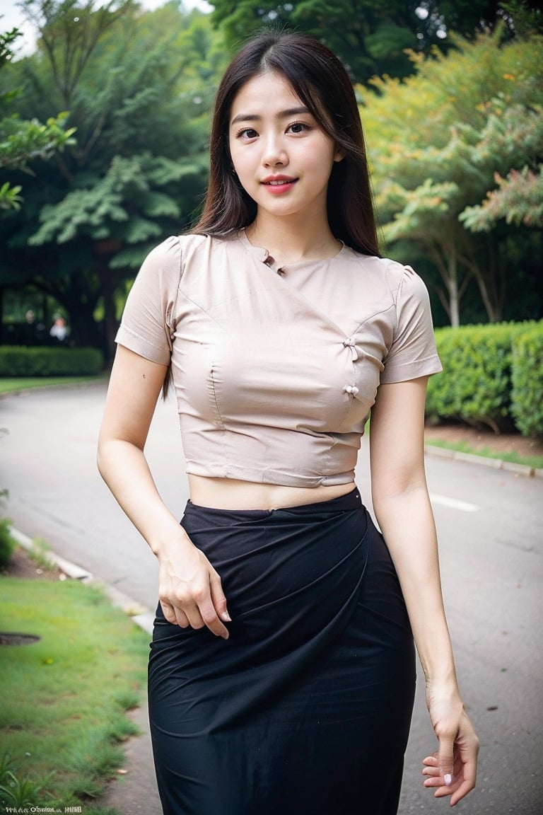 1gilr, solo, 19 yearl old girl, pretty face, professionally taken whole body portrait, cinematic lighting, pretty girl wearing mm_dress, white top, peach bottom, tall girl, detail cloth, black hair ,photorealistic,mm_dress, long bottom dress, super slim girl, MyanmarTraditionalDress, flat tummy,