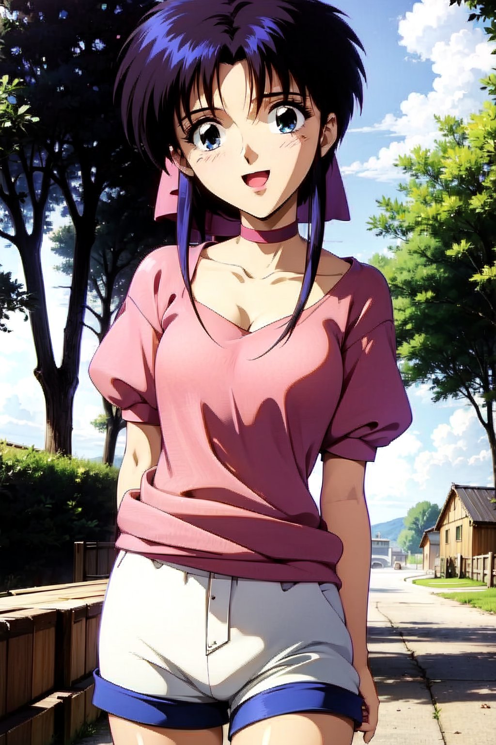 random acction, beautiful girl wearing blouse, pink, puffy_sleeves, (ruffle_shorts), dojikko pose, choker, 18 year old woman, ribbonhair blue eyes, long curly hair, slim body, happy look, thin shoulders, long torso, long legs, wide open mouth, shyly smile, Moist eyes, gentle eyes, anime_screencap 