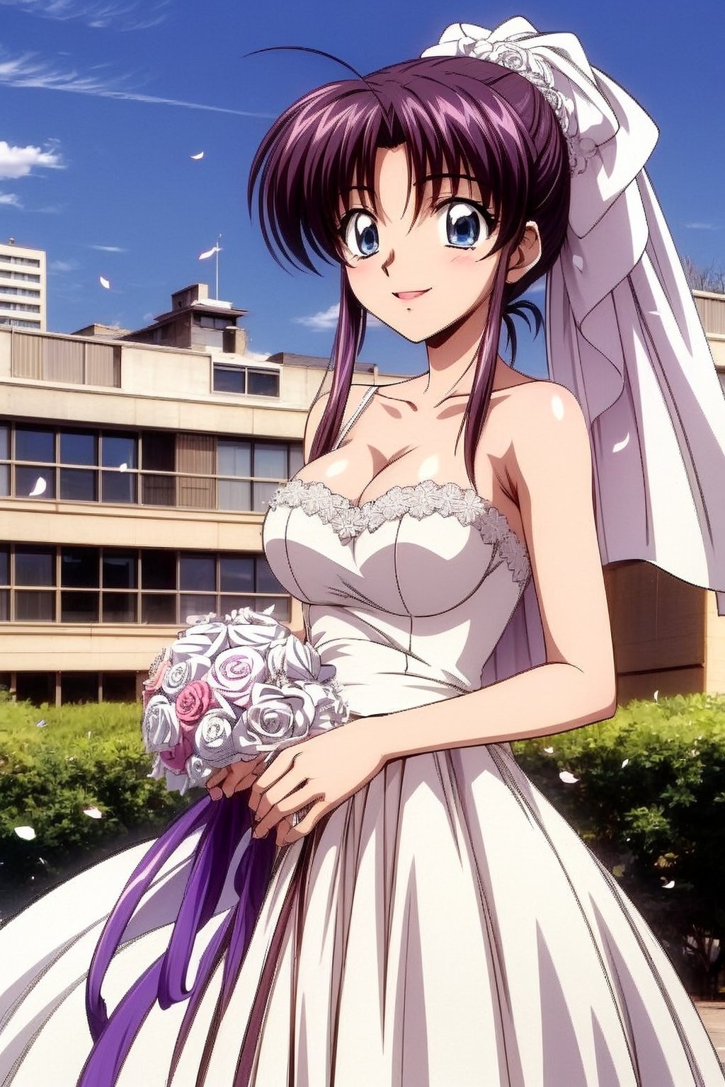 Kaimya kaoru 1996,beautiful 20 year old anime girl with: athletic body, long legs, (properly proportioned female body) , medium bust, blue eyes, black long hair tied in a ponytail; wearing a wedding dress with lace, seethrought lace veil; smiling shyly, flowers in the hands; stop in half the city; in high quality, ,lace_pattern