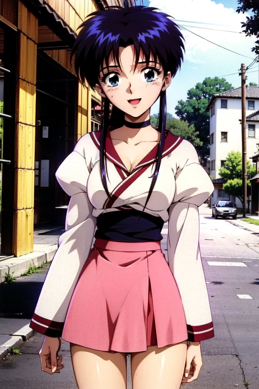 random acction, beautiful girl wearing Eyelet blouse, pink, lace sleeves,  highschool_skirt, dojikko pose, choker, 18 year old woman, blue eyes, long curly hair, slim body, happy look, thin shoulders, long torso, long legs, wide open mouth, shyly smile, Moist eyes, gentle eyes, anime_screencap 