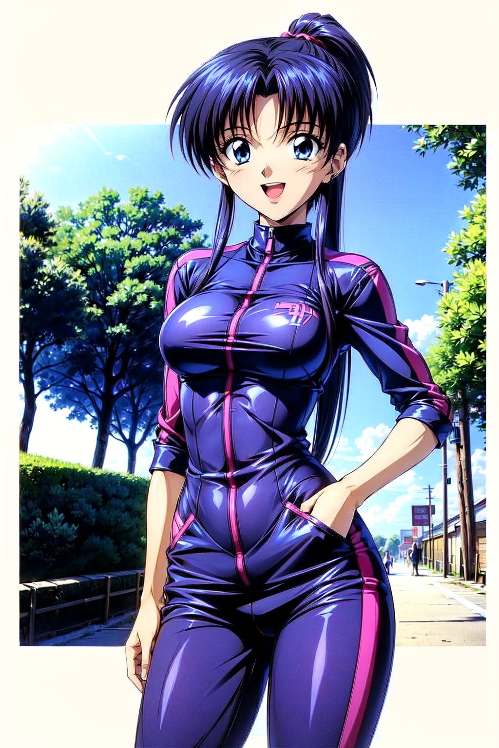 Kamiya Kaoru 1996,1girl,solo; slender girl, thick fitness legs, black long hair tied in bried, Long_thin locks of hair frame her face, blue eyes, medium breast, shyly smiling, open mouth; ninja uniform, combat trousers, with pockets; hands on hip, look to the side in dynamic pose, dynamic pose, legs focus,city ​​background, high_resolution,high quality,HD,4k,kaoru_96s