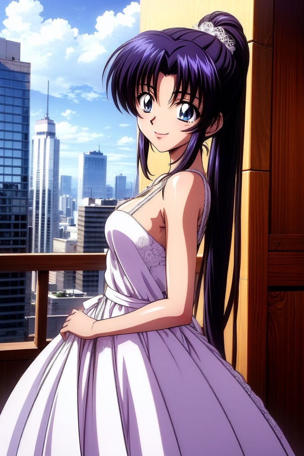 Kaimya kaoru 1996,beautiful 17 year old anime girl with: athletic body, long legs, medium bust, blue eyes, black hair tied in a ponytail; wearing a wedding dress with flower lace; smiling shyly; stop in half the city; in high quality, 