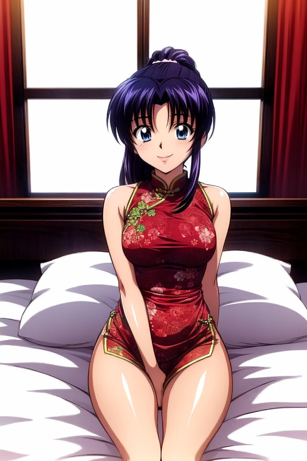 Kamiya kaoru 1996, solo, 1girl, beautiful 20 year old anime girl with: "athletic body, long legs, (properly proportioned female body), medium bust, blue eyes (smiling eyes), black hair, long hair tied with bow in a high ponytail"; wear chinese clothes; smiling shyly, sleep on bed, in royal  room; in high quality, sakura_pattern, Kamiya Kaoru 1996