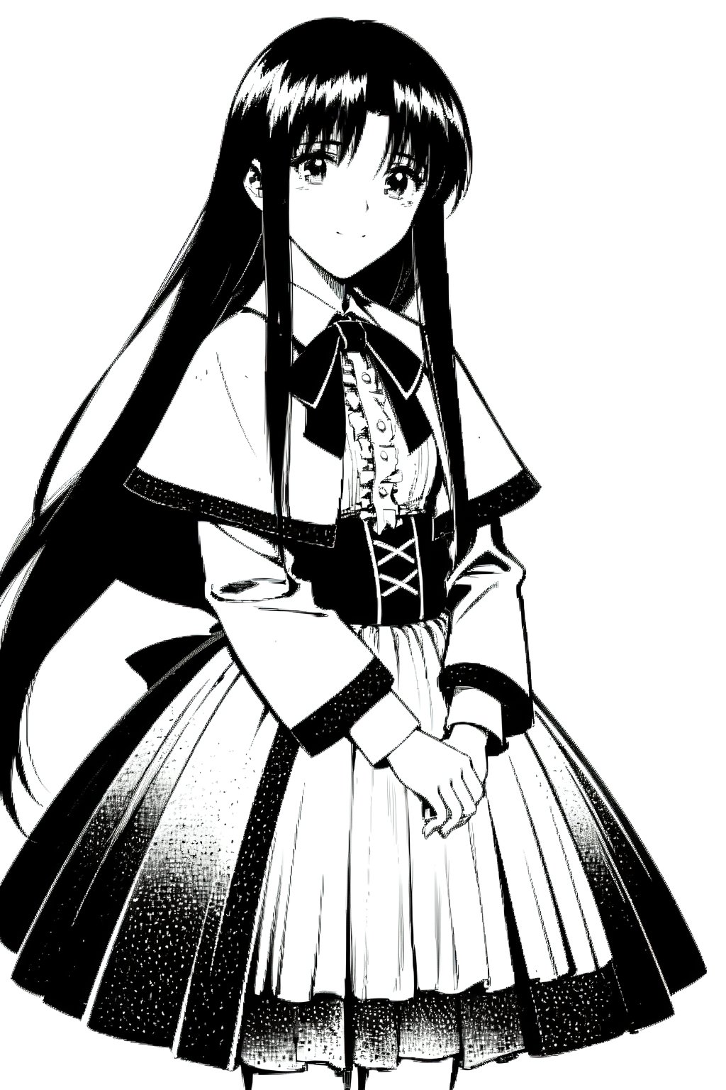 1girl, 18 old ,solo,  long hair, simple background, long sleeves, white background, dress, standing, frills, no humans, capelet, center frills