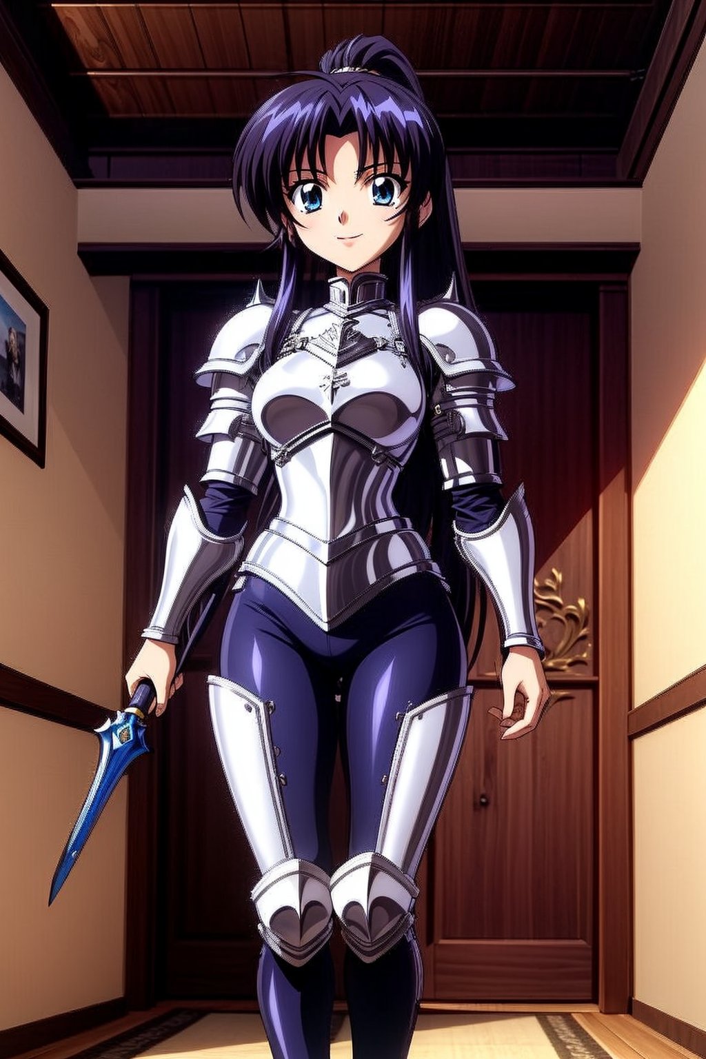 Kaimya kaoru 1996, 1girl, solo, slender girl, beautiful 20 year old anime girl with: athletic body, long legs, (proportioned female body,(The head should be about 1/8 of the total body height)), medium bust, blue eyes, black long hair tied in ponytail; wearing a knight armor, armor black pants; smiling shyly, blade in the hand; stop in half the castle. in knight pose; in high quality, ,Armor