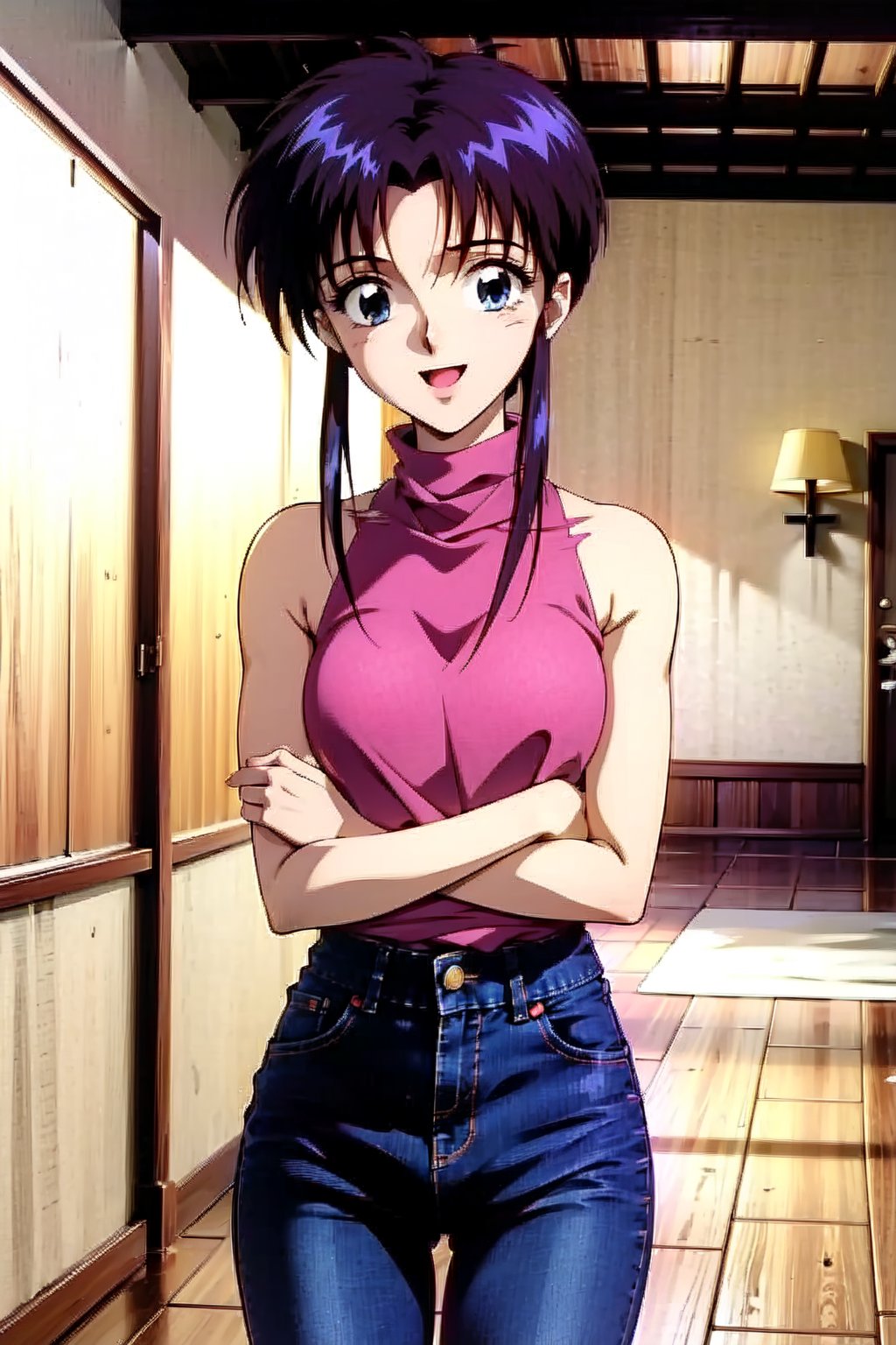  beautiful girl wearing turtleneckshirt, pink,  (torn_jeanpants), dojikko pose, , 18 year old woman, ribbonhair blue eyes, long curly hair, slim body, happy look, thin shoulders, (long_torso), long legs, wide open mouth, shyly smile, Moist eyes, gentle eyes, anime_screencap 