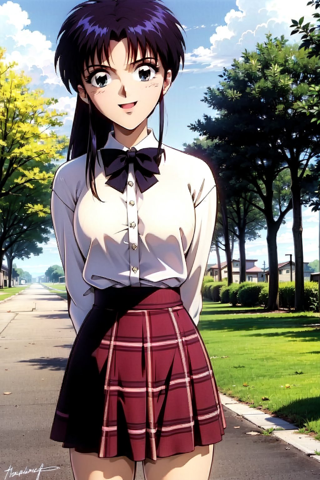 hd, solo, happy, long ponytail, skirt, shirt, dress, (((bow))), ribbon, white shirt, signature, bowtie, plaid, no humans, black bow, arms behind back, black bowtie, plaid dress