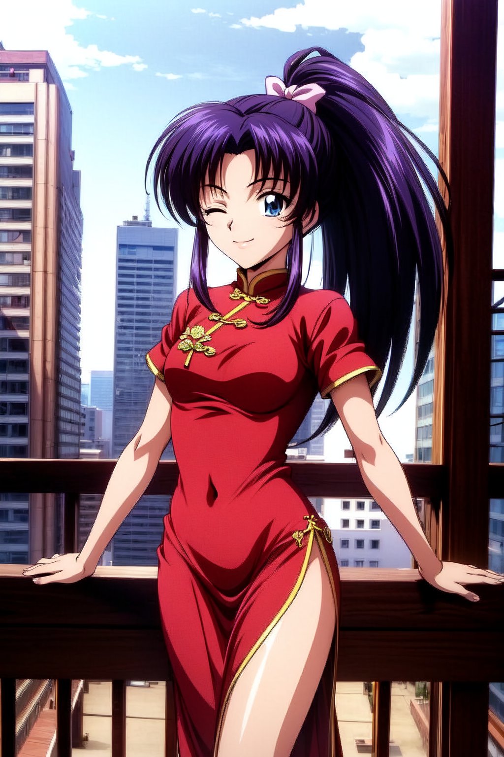 Kamiya kaoru 1996, solo, 1girl, beautiful 20 year old anime girl with: "athletic body, long legs, (properly proportioned female body), medium bust, blue eyes (a little closed smiling eyes), black hair, long hair tied with bow in a high ponytail"; wear chinese clothes,; smiling shyly, stand on the city,hair flying in the wind; legs focus, in high quality, 8k, High Definition, HD, sakura_pattern, Kamiya Kaoru 1996