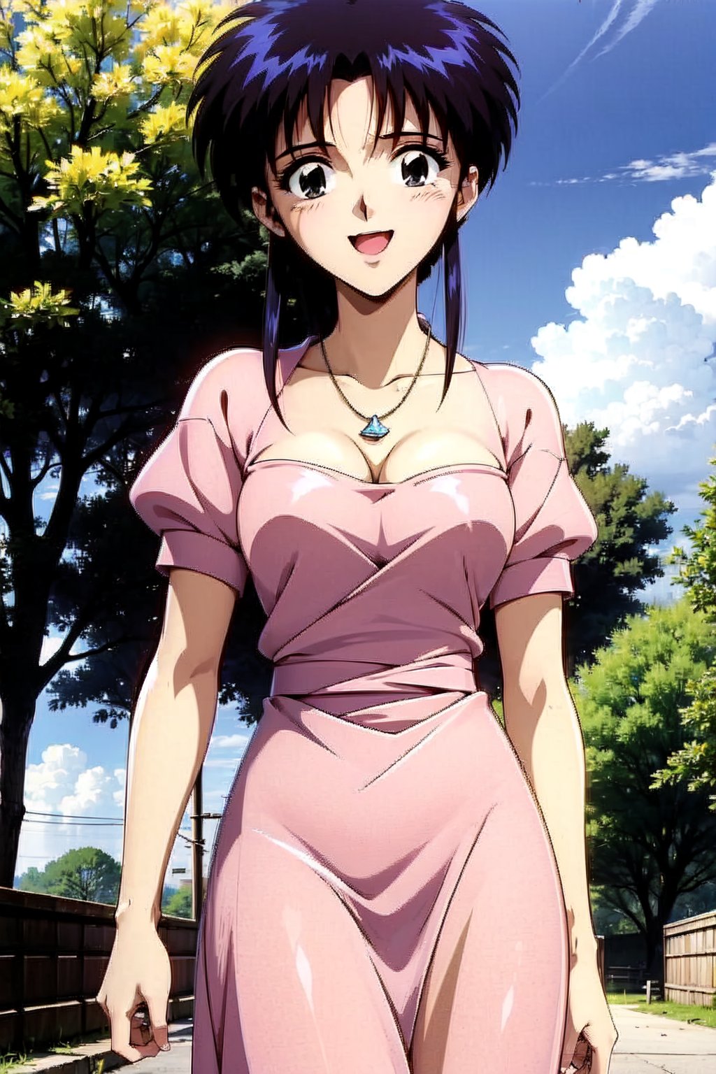 random acction, beautiful girl wearing majestic tulle ruffle dress, pink, bubble sleeves, necklace, 18 year old woman, long curly hair, slim body, happy look, thin shoulders, long torso, long legs, wide open mouth, shyly smile, Moist eyes, gentle eyes, anime_screencap 