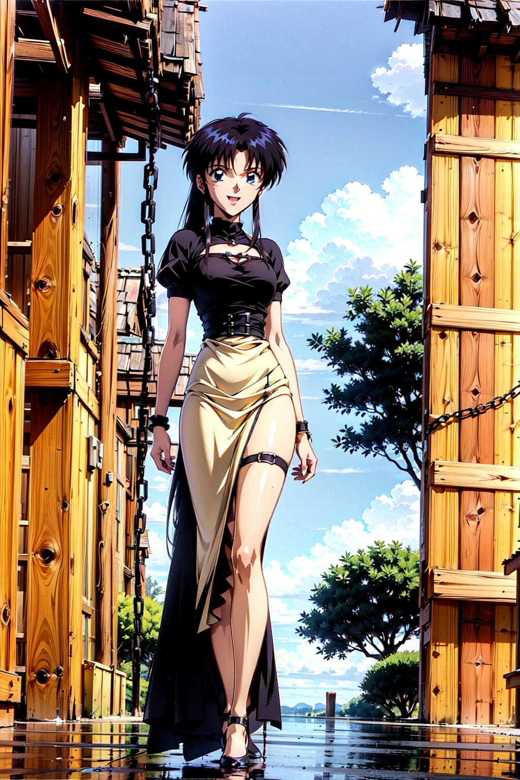 solo, long hair, high quality face, blue eyes,(((black_gothic_dress))), ropes, hole, chains_bracelet, barbs, belts; standing, indoors, happy look, anime_screencap, kaoru_96s