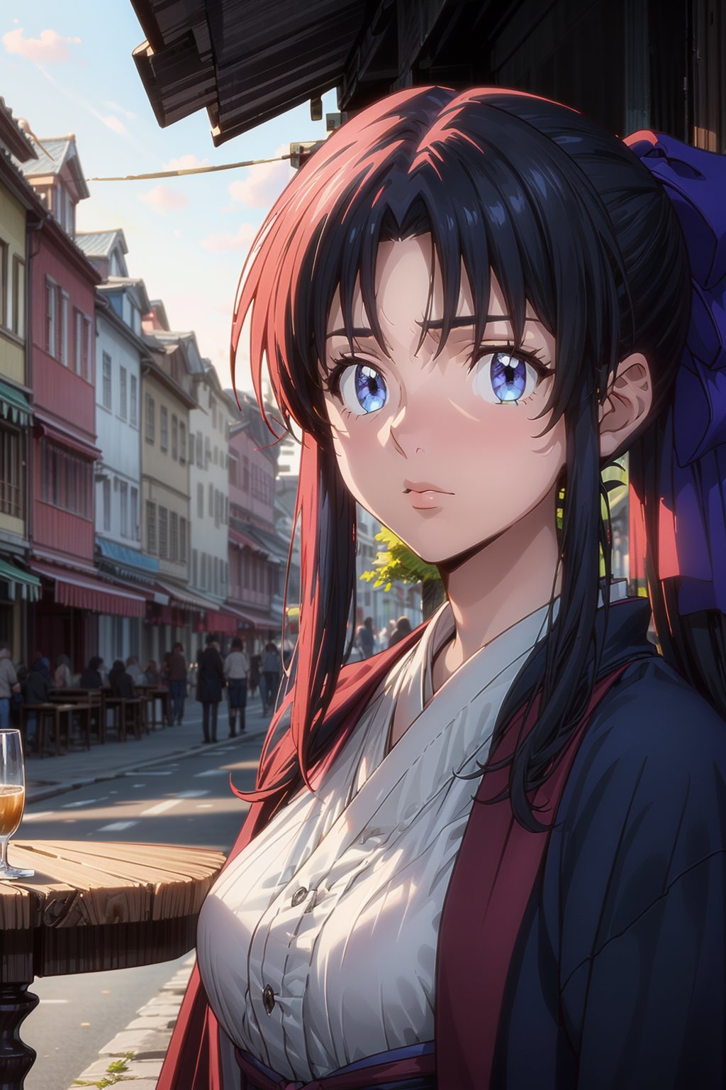 kamiya_kaoru_rurounikenshin2023,legantism, opulent scene, a beautiful girl sitting in a sunny European Cafe with tables outside golden summer light, Pierre Auguste Renoir style, Impressionism, stunning intricate details.t, 8k resolution. (masterpiece, top quality, best quality, official art, beautiful and aesthetic:1.2), (1girl:1.4), upper body, blck hair, portrait, extreme detailed, super wide angle, high angle, high color contrast, medium shot, depth of field, blurry background, simple background, bokeh,impressionist painting