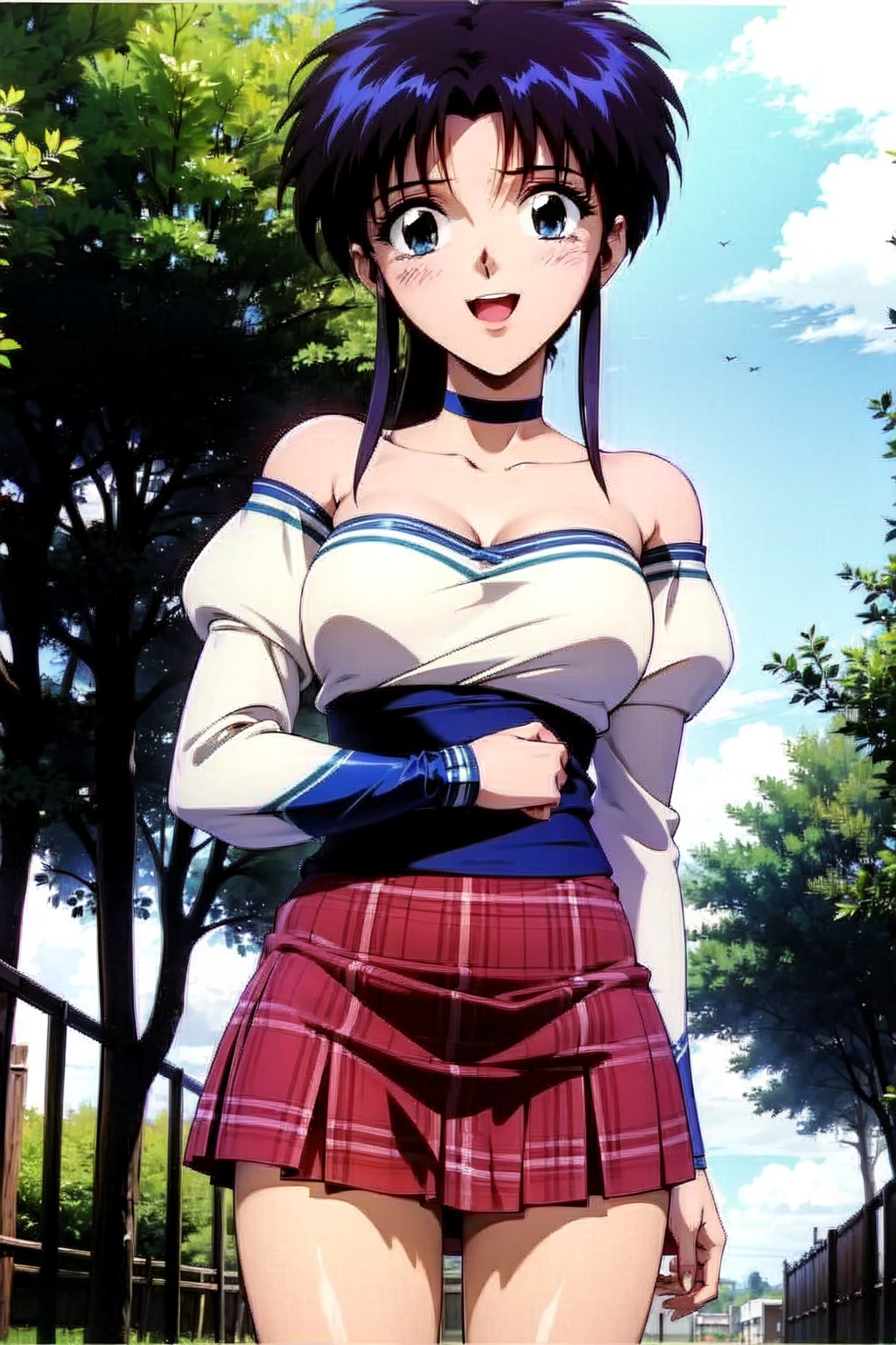 random acction, beautiful girl wearing Eyelet blouse, pink, lace sleeves,  tartan_skirt, dojikko pose, choker, 18 year old woman, blue eyes, long curly hair, slim body, happy look, thin shoulders, long torso, long legs, wide open mouth, shyly smile, Moist eyes, gentle eyes, anime_screencap 