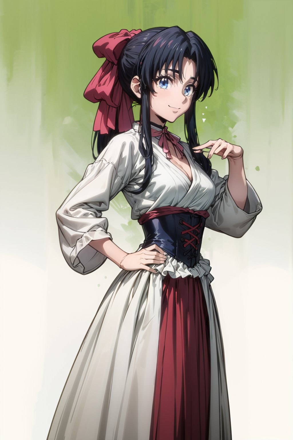 kamiya_kaoru_rurounikenshin2023, victorian dress, petticoat, victorian style long dress, bare victorian neckline, white dress, choker, shy smiling, (long hair tied in ponytail, athletic body (correct body anatomy) long legs, medium breast(correct hand anatomy)), arms at the sides, breast focus, happy pose, in anime style