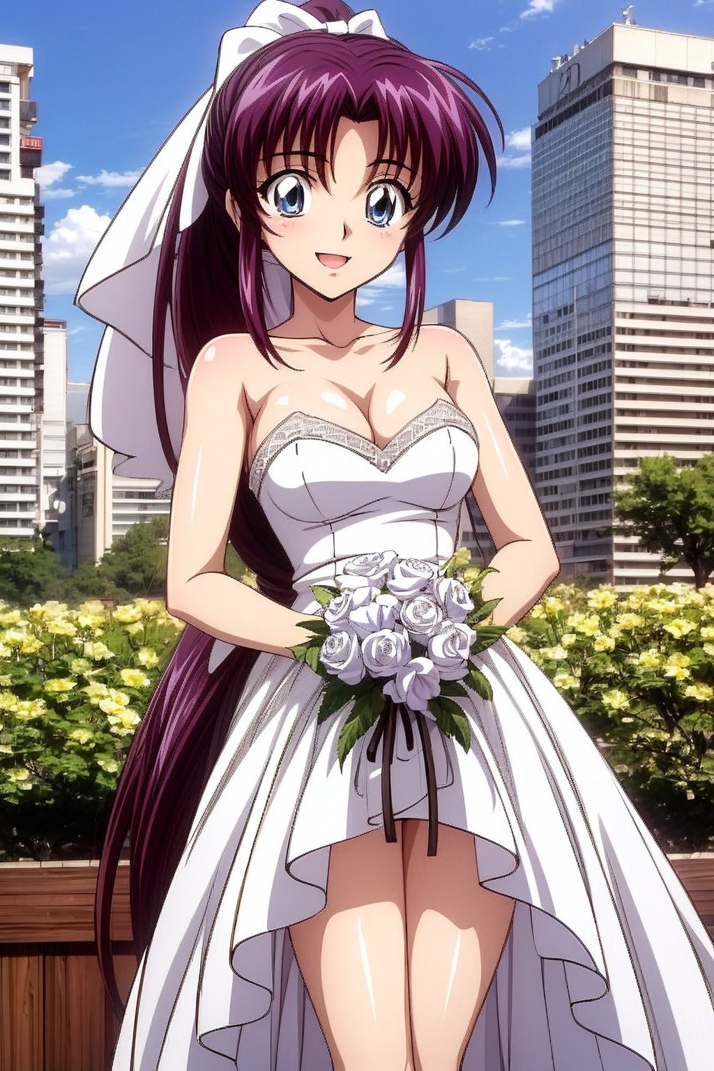 Kaimya kaoru 1996,beautiful 20 year old anime girl with: athletic body, long legs, (properly proportioned female body) , medium bust, blue eyes, black long hair tied in a ponytail; wearing a wedding dress with lace; smiling shyly, flowers in the hands; stop in half the city; in high quality, ,lace_pattern