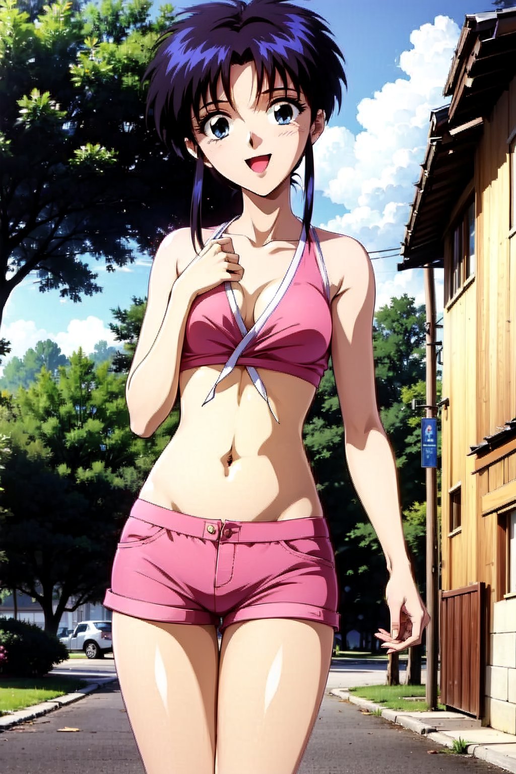 random acction, beautiful girl wearing shirt, pink,  (ruffle_shorts), dojikko pose, , 18 year old woman, ribbonhair blue eyes, long curly hair, slim body, happy look, thin shoulders, long torso, long legs, wide open mouth, shyly smile, Moist eyes, gentle eyes, anime_screencap 