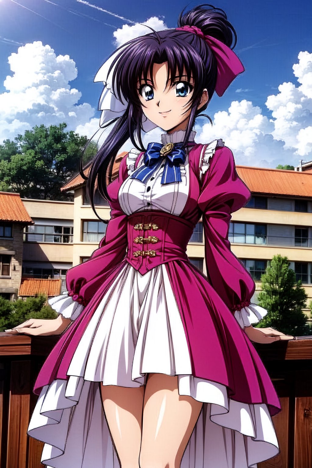 Kamiya kaoru 1996, solo, 1girl, beautiful 20 year old anime girl with: "athletic body, long legs, beautiful legs: 1. 2. (properly proportioned female body), medium bust, blue eyes, beautiful eyes: 1. 2., black hair, long hair tied with bow in a high ponytail"; wear Victorian dress, lace petticoat skirt; smiling shyly, stand on the city, hair in the wind; legs focus, in high quality, 8k, High Definition, HD, sakura_pattern, Kamiya Kaoru 1996,victorian
