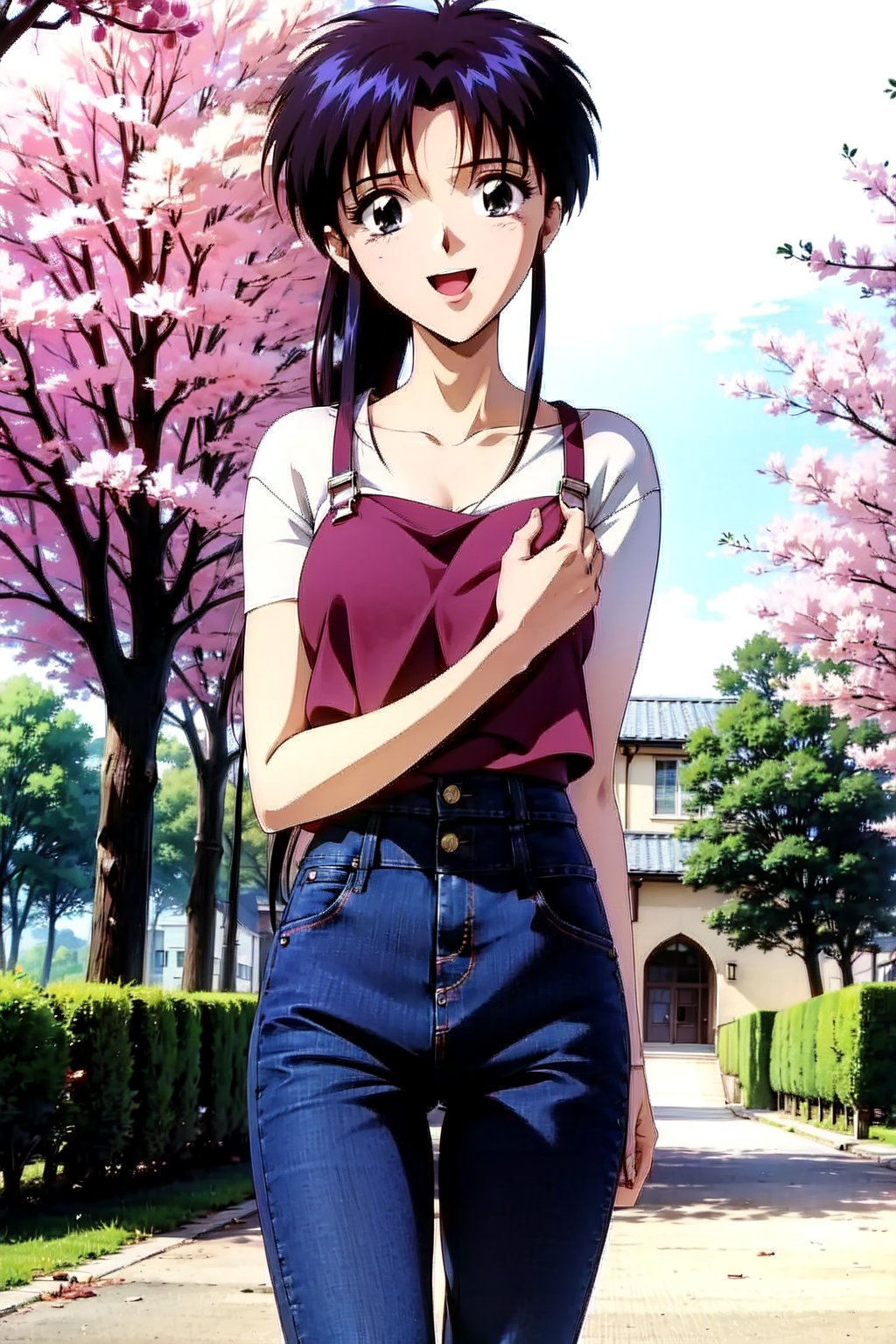 random acction, beautiful girl wearing ruffle blouse, pants overalls,18 year old woman, long curly hair, slim body, happy look, thin shoulders, long torso, long legs, wide open mouth, shyly smile, Moist eyes, gentle eyes, anime_screencap 