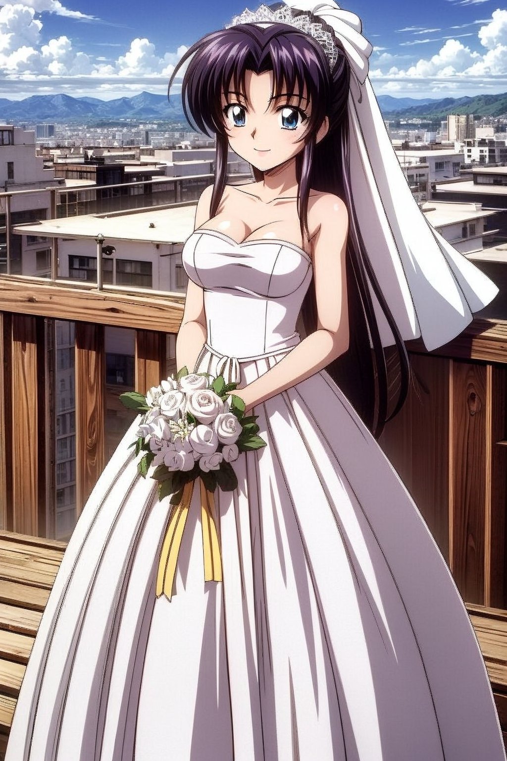 Kaimya kaoru 1996,beautiful 20 year old anime girl with: athletic body, long legs, (properly proportioned female body) , medium bust, blue eyes, black long hair tied in a ponytail; wearing a wedding dress with lace, seethrought lace veil; smiling shyly, flowers in the hands; stop in half the city; in high quality, ,lace_pattern